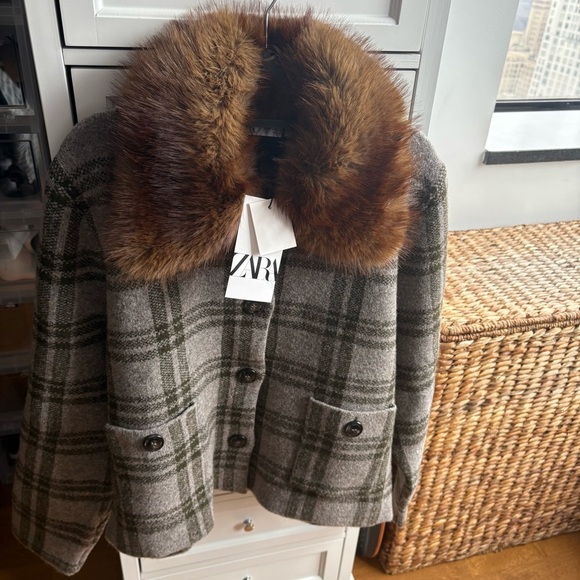 Zara Knit Cardigan Jacket with Faux Fur Collar Front Pockets Size XL NWT - Picture 8 of 13